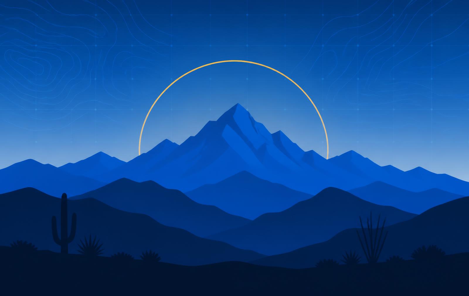 Stylized desert mountain range at sunrise with a subtle technology grid